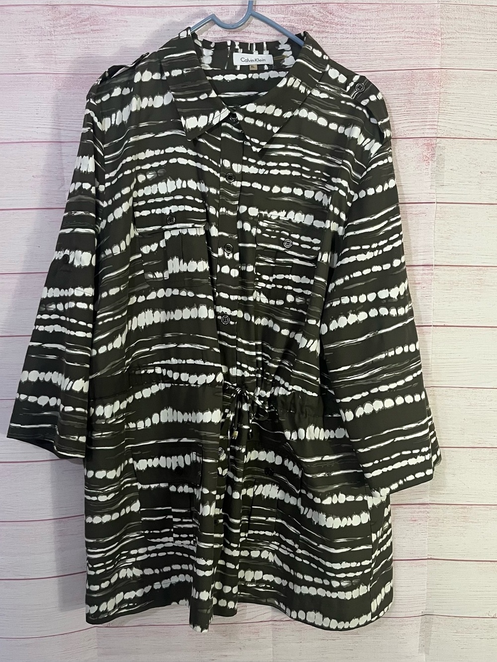 Calvin Klein Olive Green White Drawstring Waist Button Down Shirt Size XL